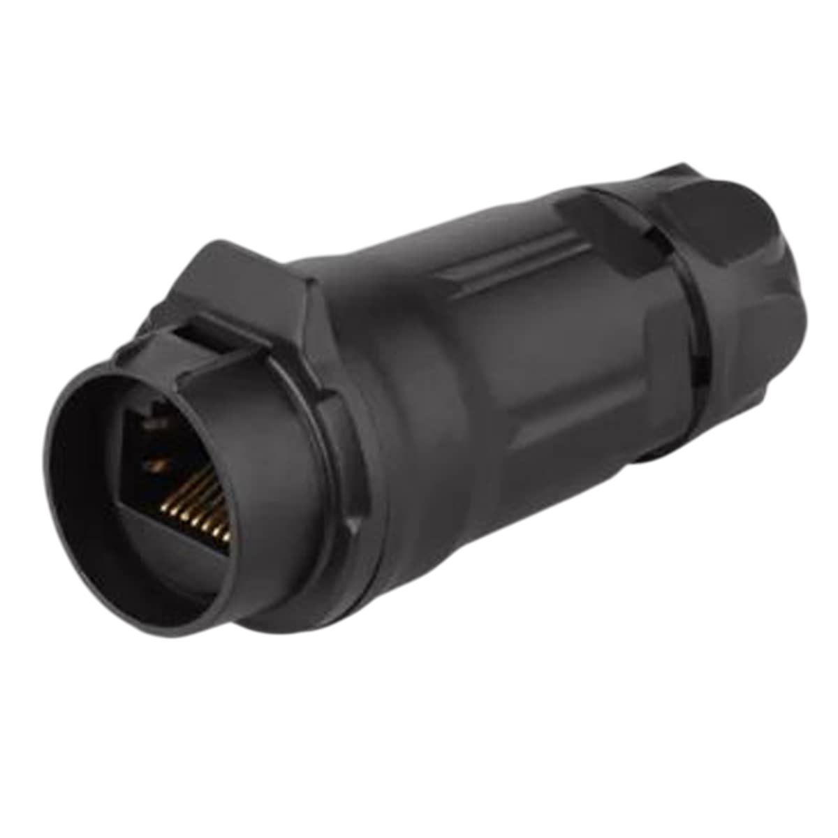 LP16 RJ45 female connector In-line receptacle with Quick lock protection class IP67/IP68 with locked cable entry gland and plastic housing.