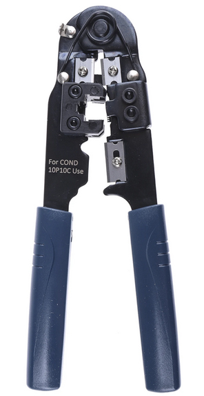 Manual tool for termination of modular plugs, piercing technology, cutter and stripper, RJ48