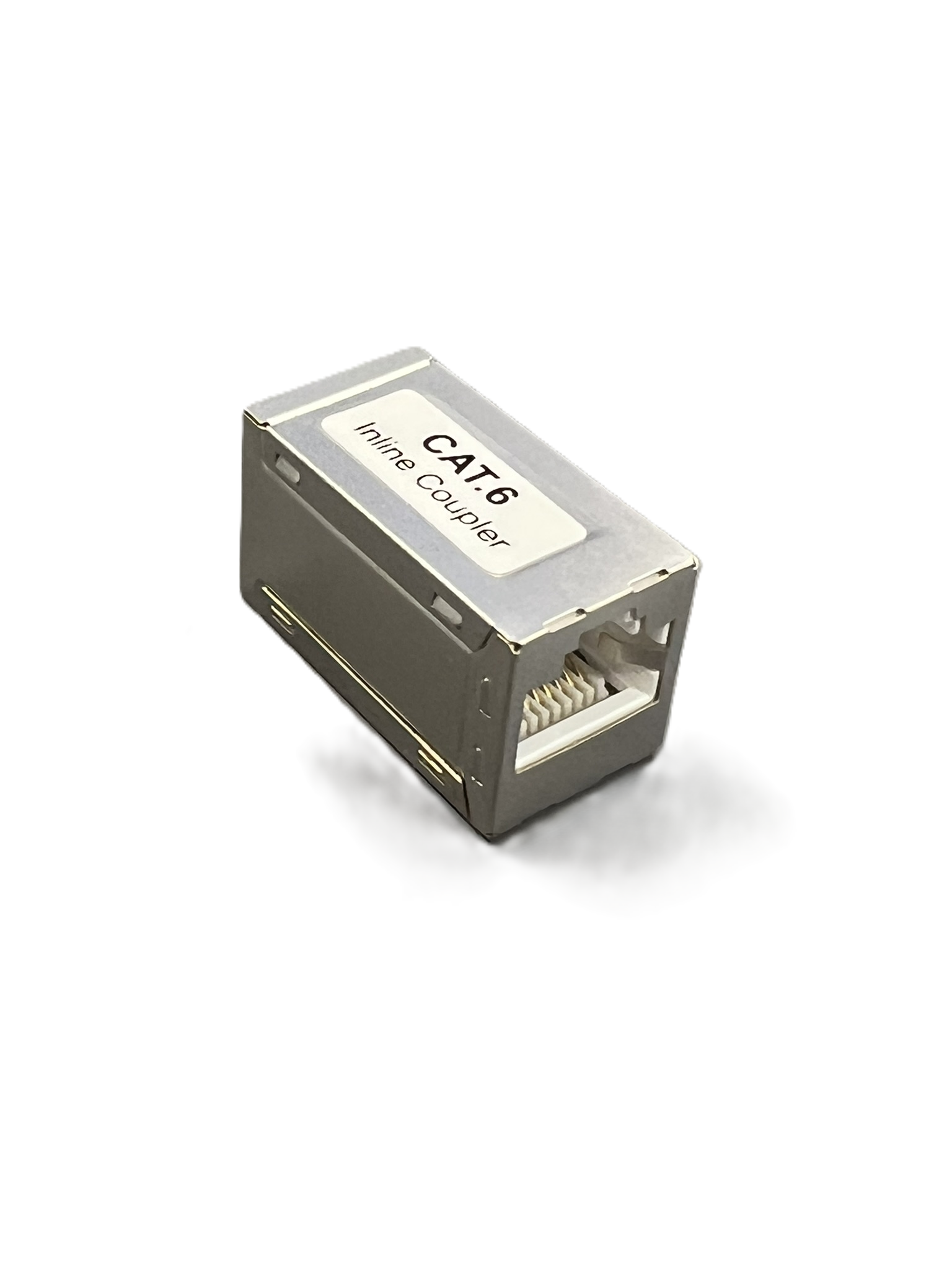 Modular RJ45 coupler, 8P8C, 1:1 shielded CAT6, compact metal housing.
