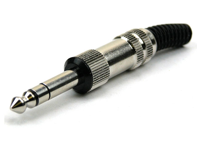 Jackplug conform JIS C 6560 JC63P3, 6,35 mm, 3-polig/stereo, rechte uitvoering, met metalen behuizing, met knikbeveiliging en soldeeraansluitingen