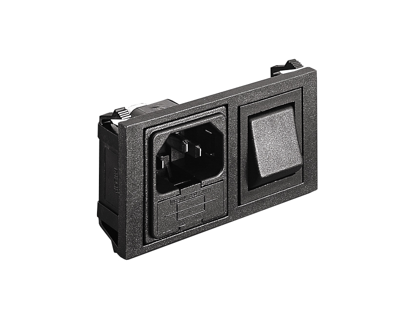 Horizontal Power Entry Module 74.5mm C14 Cold Condition Inlet Integral Twin Fused (PF0033) 6.3mm Tab Termination Unfiltered Large Red Indicator