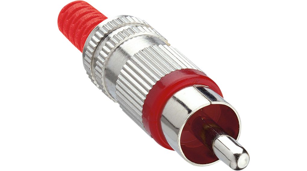 RCA male connector acc. to JEITA RC-5231, straight version, with metal housing, bend protection and solder terminals