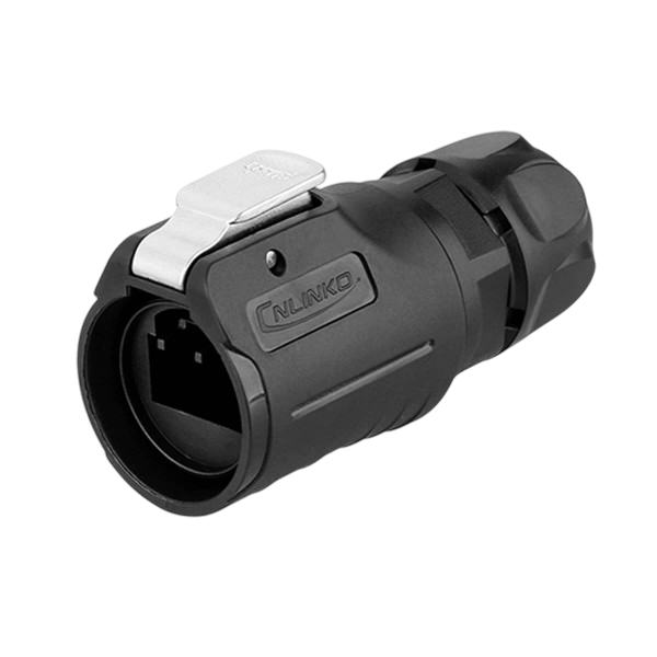 LP16 RJ45 plug housing with Quick lock protection class IP67/IP68 with locked cable entry gland and plastic housing.