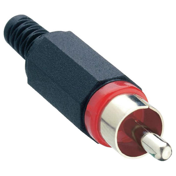 RCA male connector according to JEITA RC-5231, straight design, with plastic housing, bend protection and solder connections