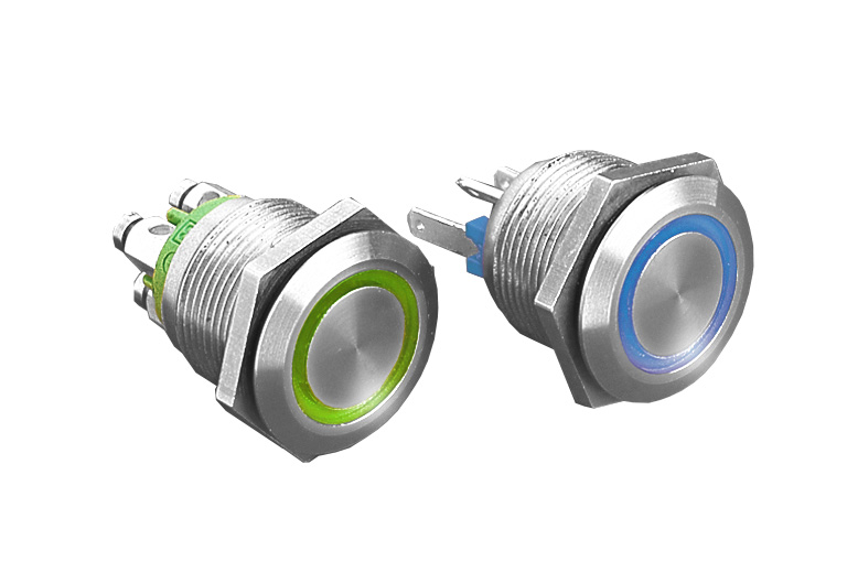 Stainless Steel Vandal Resistant Illuminated IP66 Push Button Switch MPI002 Series Blue LED Ring (No Resistor) Flying Leads