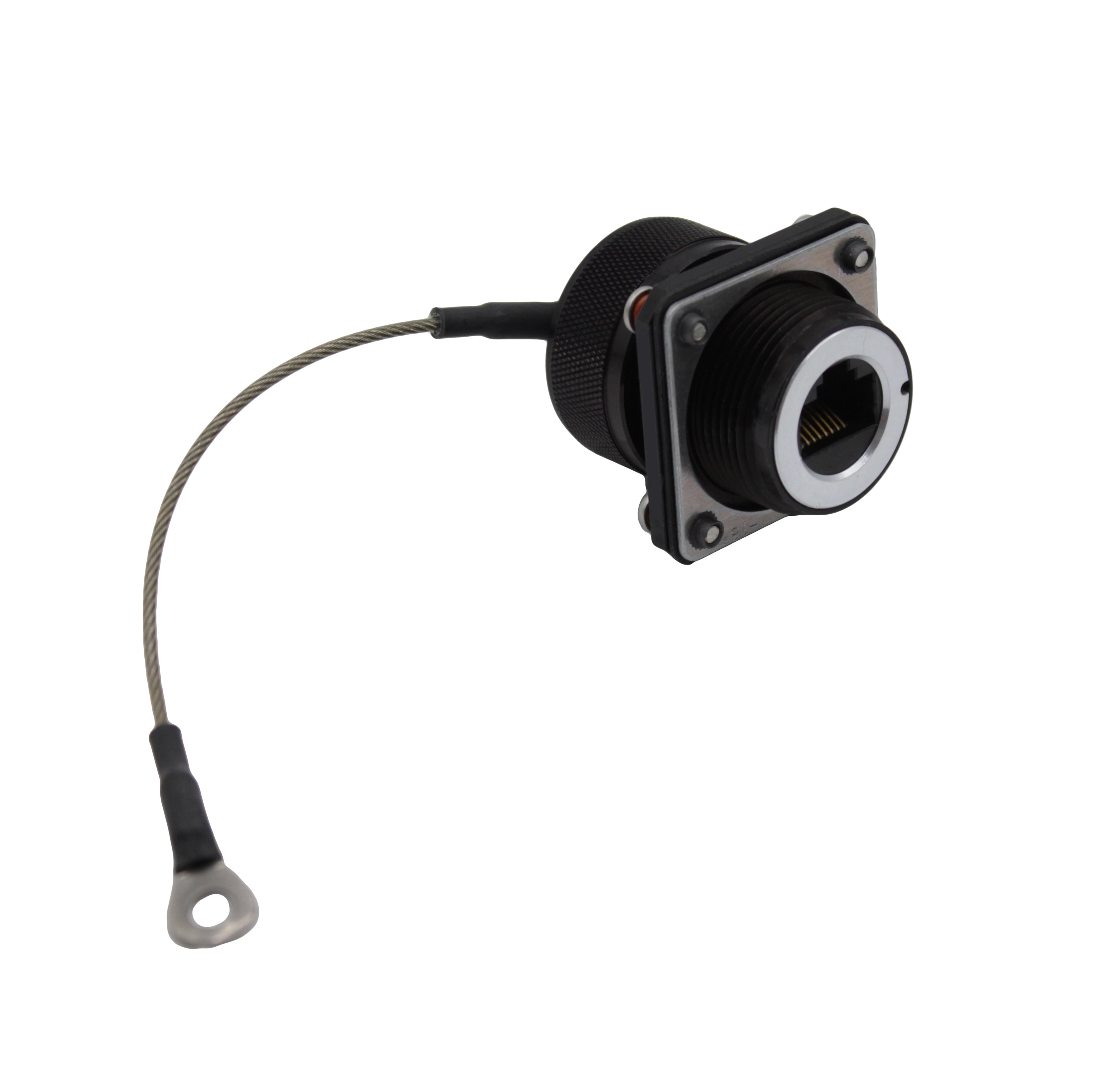 Black Anodised Aluminium Flange Mount Connector with Cap and Mounting Hardware - Unshielded - Cat6a Female