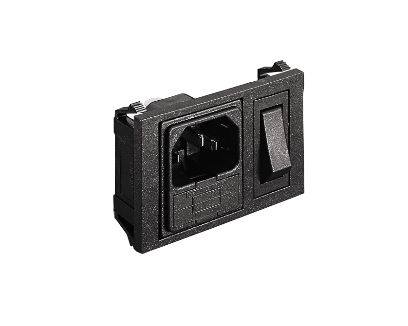 Horizontal Power Entry Module 62.7mm C14 Cold Condition Inlet Integral Twin Fused (PF0033) 6.3mm Tab Termination Unfiltered Single Contact Illuminated Switch Marked I/O Red