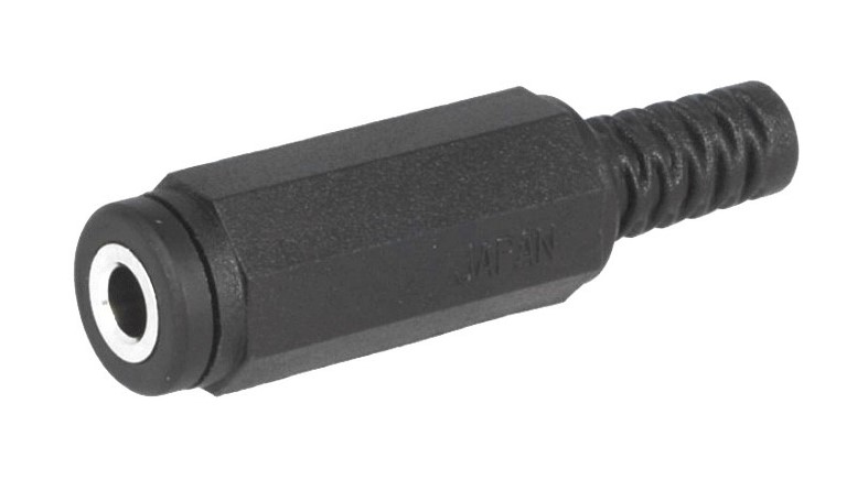 Jack-aansluiting conform JIS C 6560 JC35J2A, 3,5 mm, 2-polig/mono, rechte uitvoering, met knikbeveiliging en soldeeraansluitingen