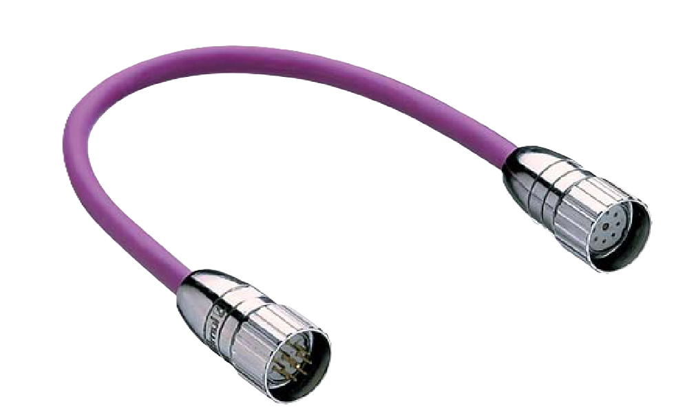 PUR-kabel voor externe bus; dubbelzijdig; gemonteerde mannelijke en vrouwelijke M23-connectoren.