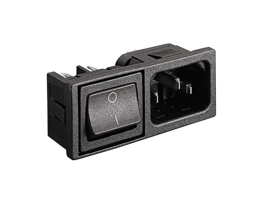 Horizontal Power Entry Module Mini Bezel 48.5mm C14 Cold Condition Inlet (PX0575) 2.8mm Tab Termination 3mm Panel A0130 Filter (1A PS01/A L/C v3) Single Contact Solder Tab Illuminated Switch Marked I/O Red