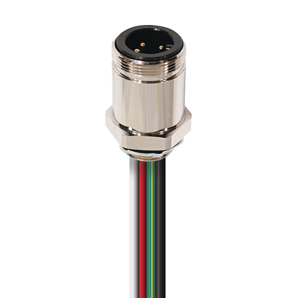 Mini Power Receptacle Connector: 1 3/8", male, front mount, 3-pin(2+PE), zilveren behuizing, 600 V, 42 A, 10 AWG