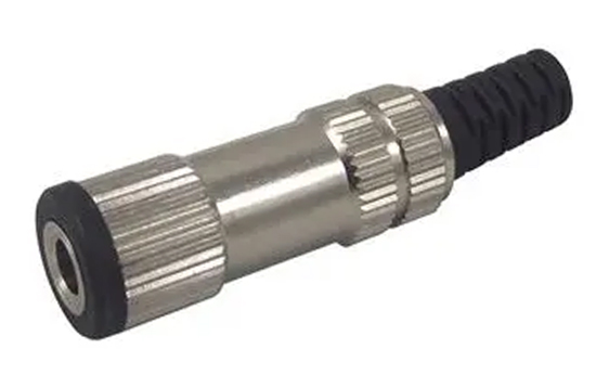 Jack-aansluiting conform JIS C 6560 JC35J2A, 3,5 mm, 2-polig/mono, rechte uitvoering, met metalen behuizing, knikbeveiliging en soldeeraansluitingen