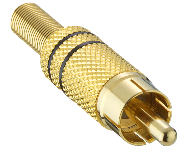 RCA male connector acc. to JEITA RC-5231, straight version, with metal housing, bend protection and solder terminals