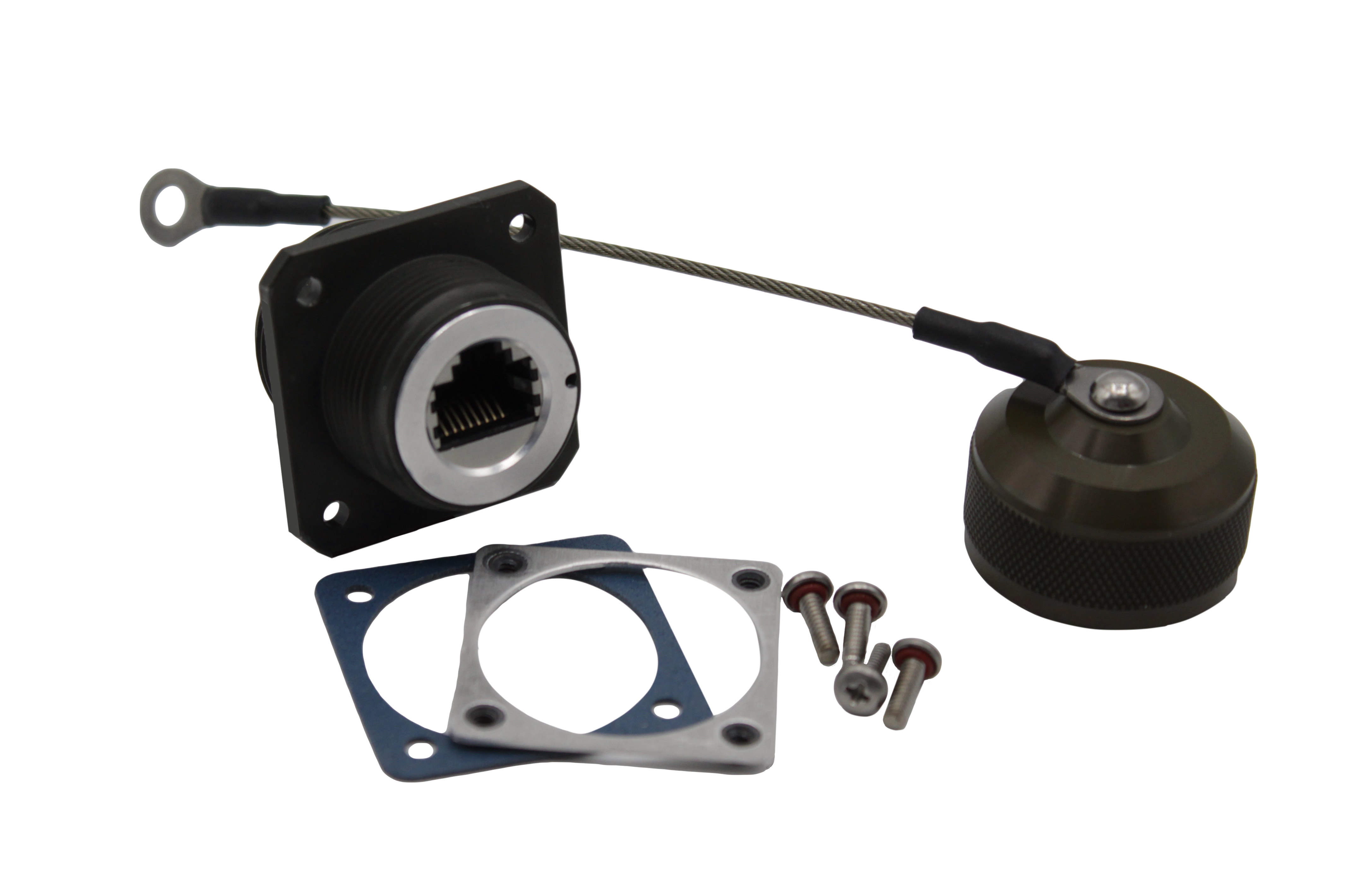 Black Anodised Aluminium Flange Mount Connector with Cap and Mounting Hardware - Unshielded - Cat6a Female