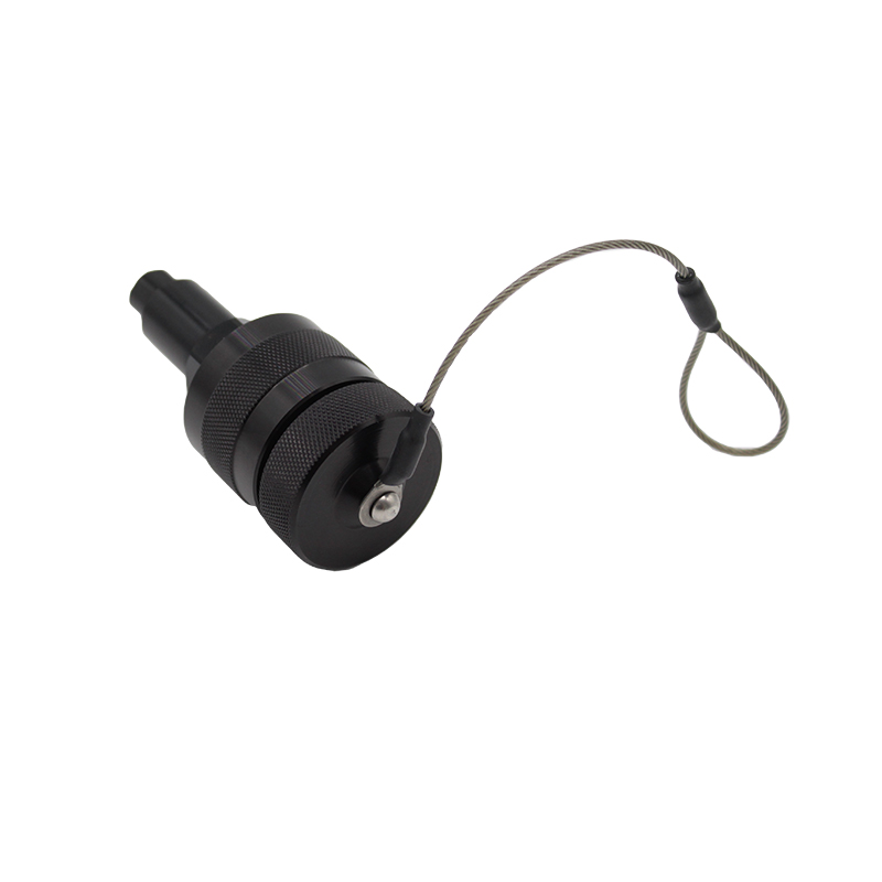 Black Anodised Aluminium Plug Connector with Cap - Cable Entry: 6.88-8.38mm