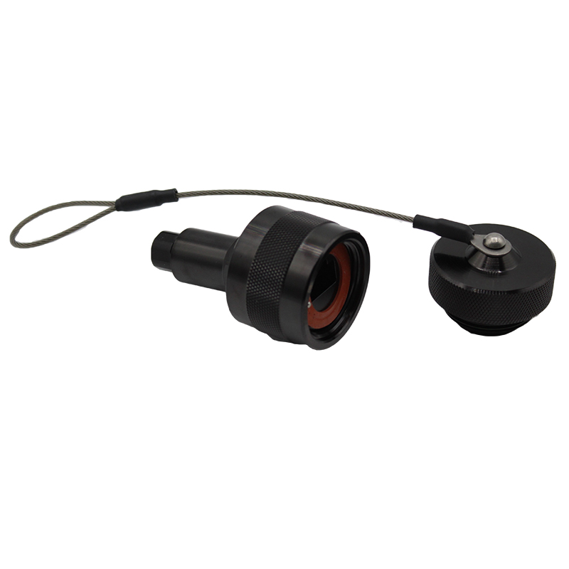 Black Anodised Aluminium Plug Connector with Cap - Cable Entry: 6.88-8.38mm