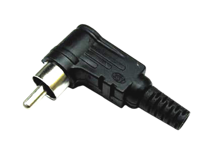 RCA male angled connector with plastic housing, kink protection screwable