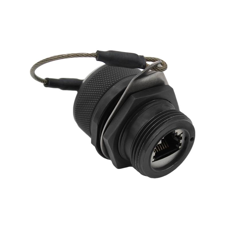 Black Anodised Aluminium Jam Nut Connector with Cap - Unshielded - Cat5e Female